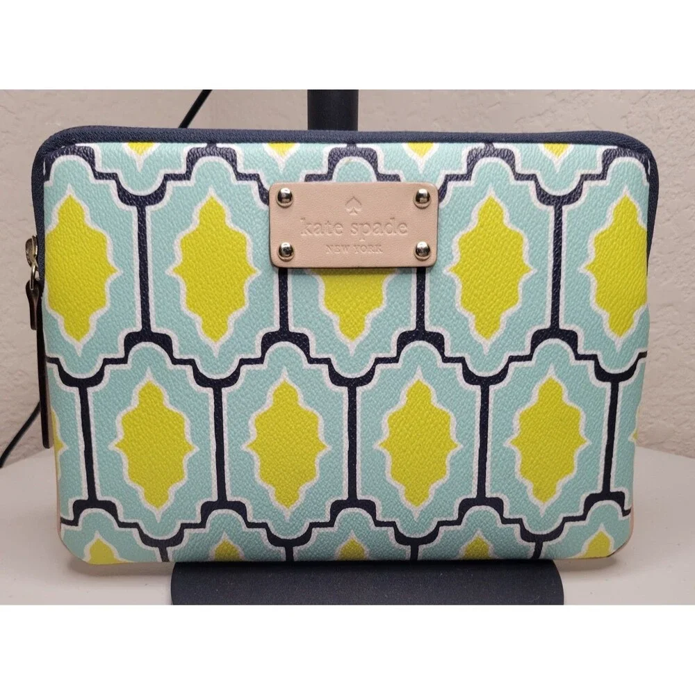 EUC Kate Spade Geometric Tablet Sleeve Pouch Teal Yellow Scallop Padded Gold Zip